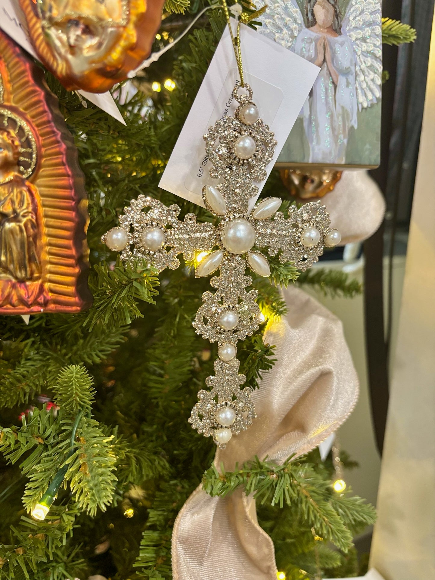 6.5” Glitter and Pearl Cross Ornament