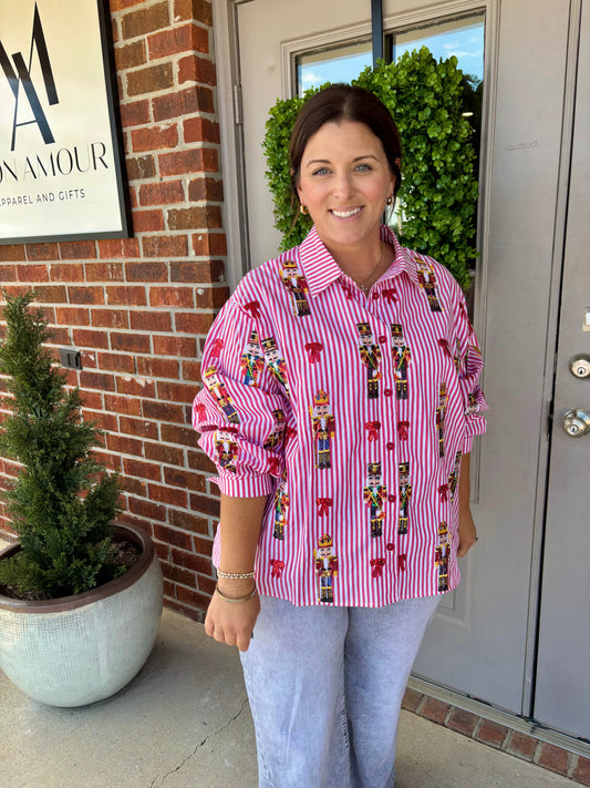 QOS Red Stripe Nutcracker & Bow Button-Up Top
