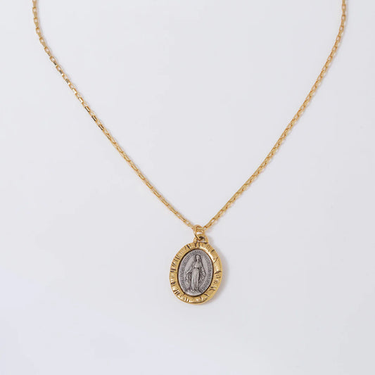 Two Tone Mary Pendant Straight Bar Chain