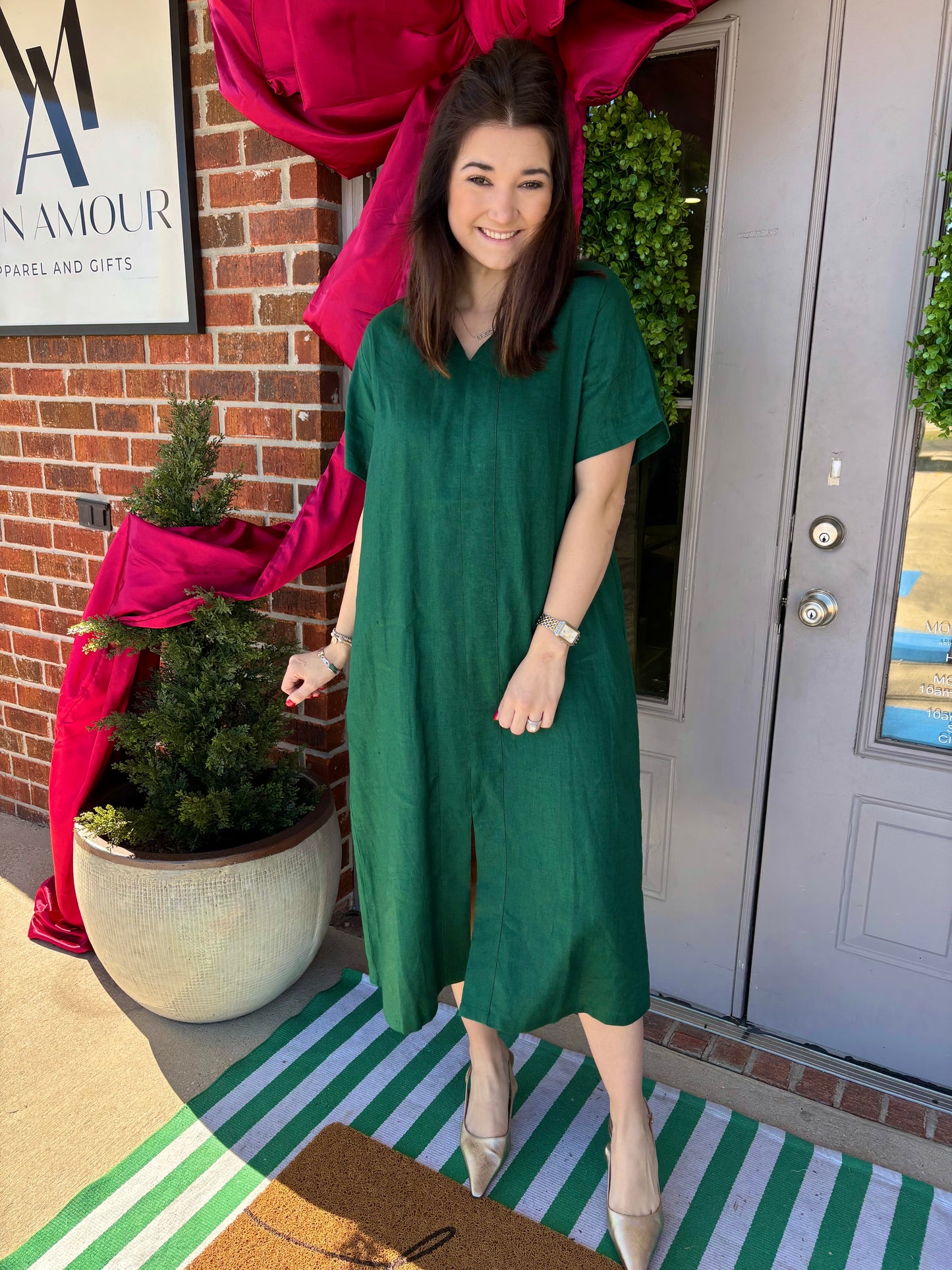 Forest Front Slit Linen Dress