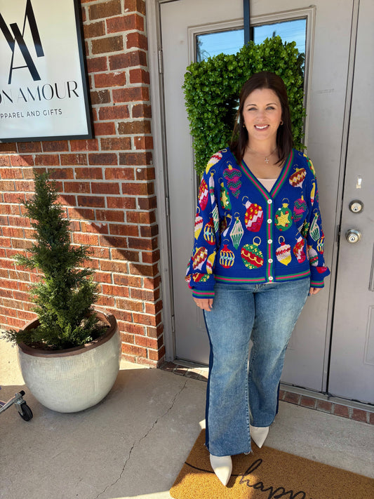 QOS Royal Blue Multi Jeweled Ornament Cardigan