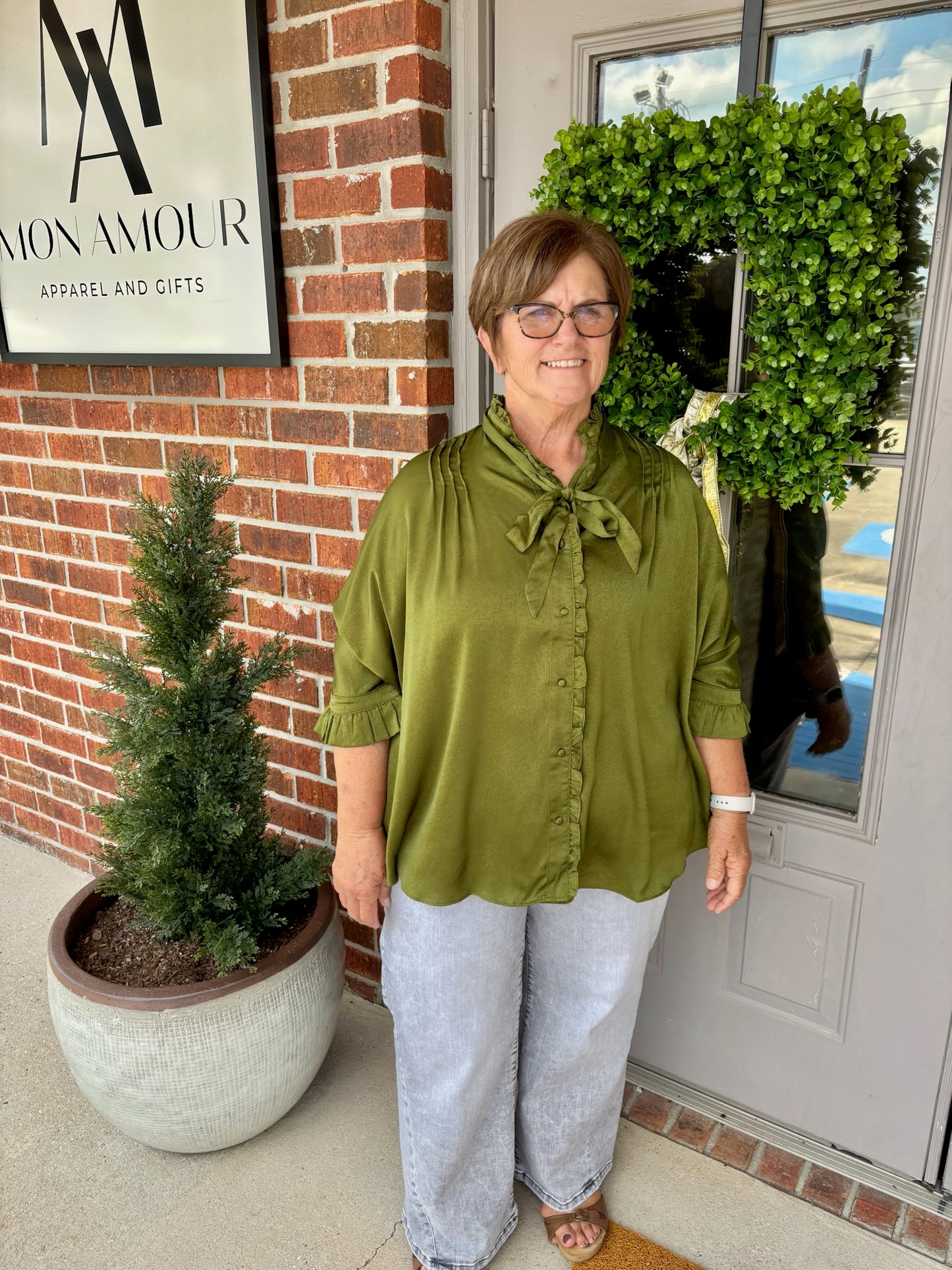 Rachel Ruffled Satin Button Down Blouse