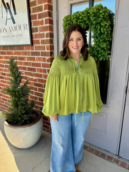 Teal Leaf Balloon Blouse