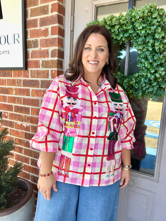 QOS Pink & Red Plaid Metallic Nutcracker Button Up