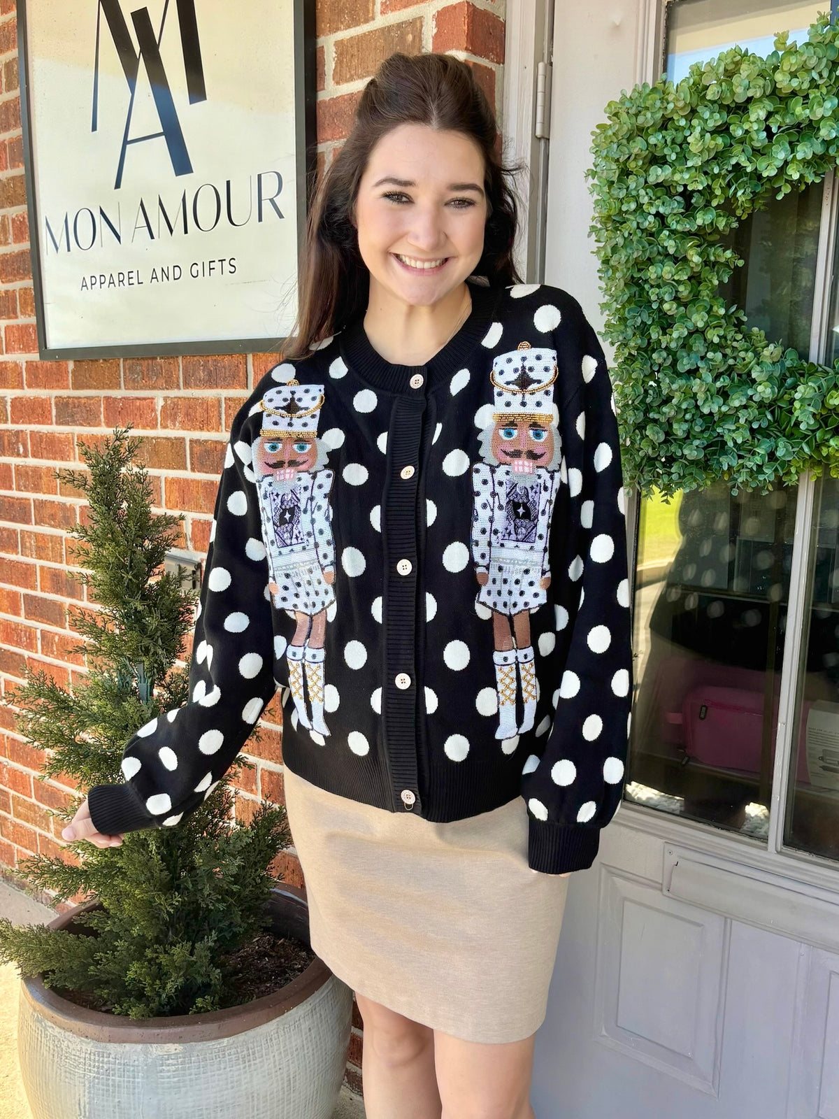 QOS Black & White Polka Dot Nutcracker Button Up Cardigan
