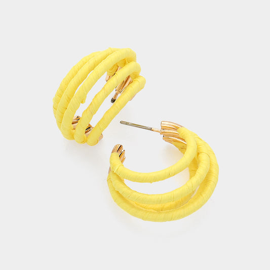 Yellow Raffia Wrapped Split Hoop