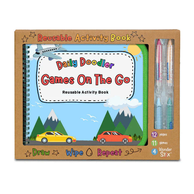 Daily Doodler Reusable Activity Book-Games on the Go, Includes 4 Wonder Stix