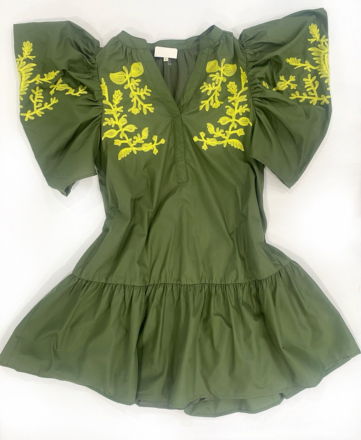 Olive Puff Sleeve Dress with Lime Embroidery