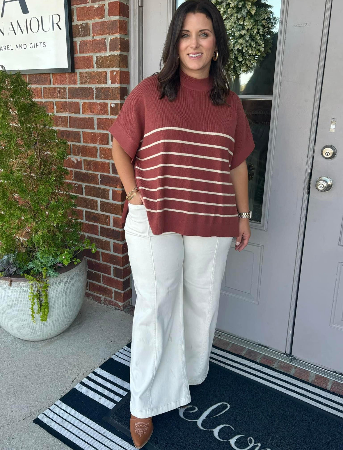 Boho Beige Stripe Poncho Sweater