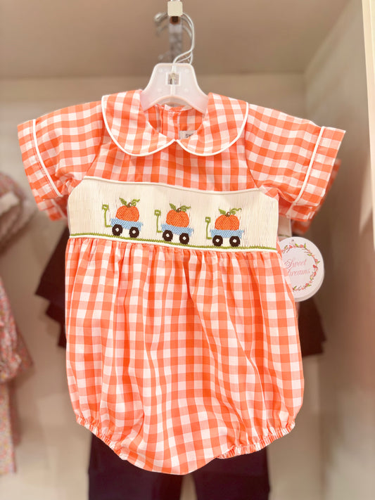 Boys Pumpkin Smocked Bubble