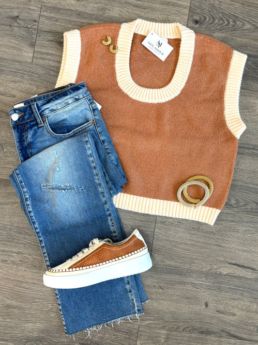 Camel Cream Trim Sleeveless Sweater