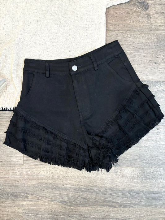 Black Washed Ruffle Denim Shorts