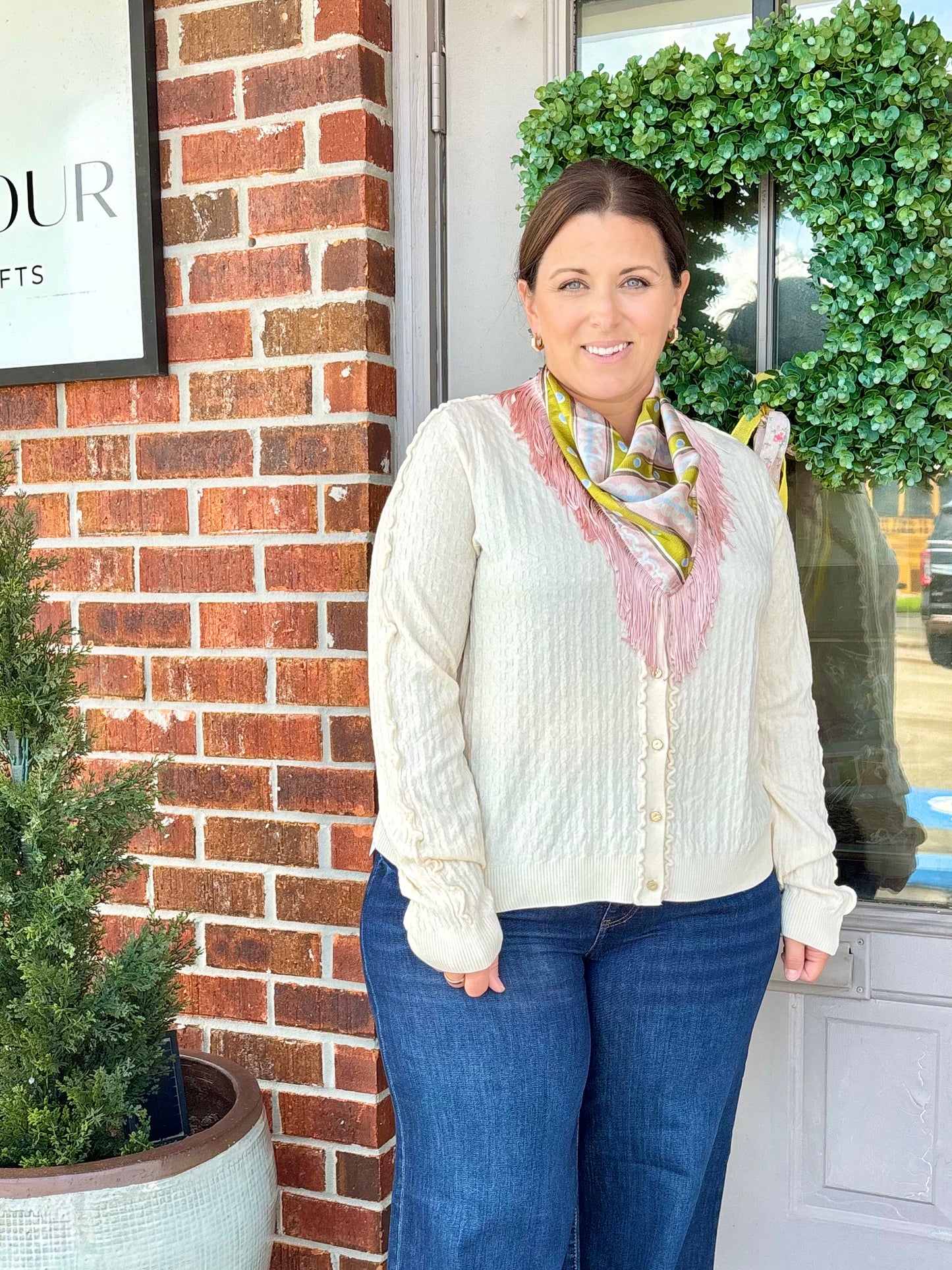 Button Front Cardigan Sweater W/ Ruffles