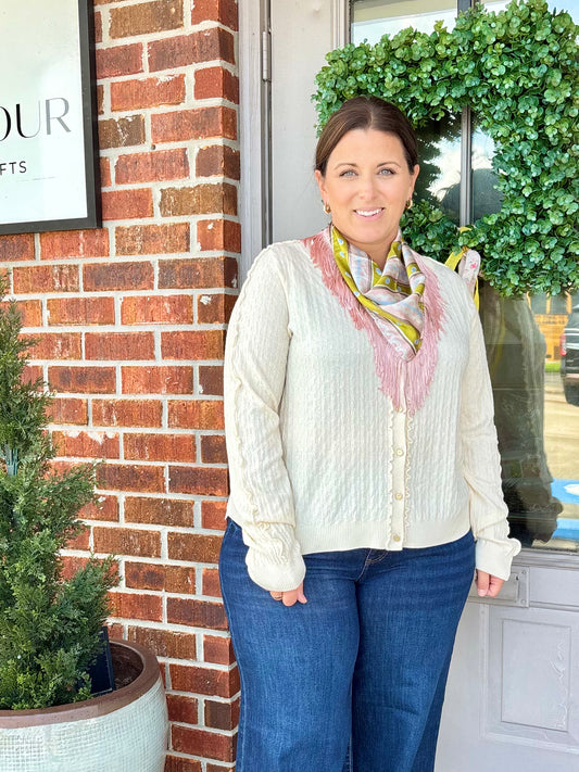 Button Front Cardigan Sweater W/ Ruffles