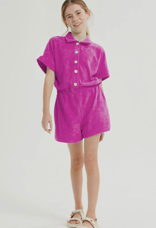 Tween Terry Cloth Button Up Romper