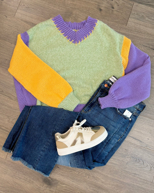 Plus Size Mardi Gras Color Block Sweater