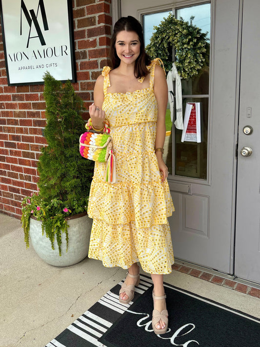 Zuri Yellow Eyelet Midi Dress