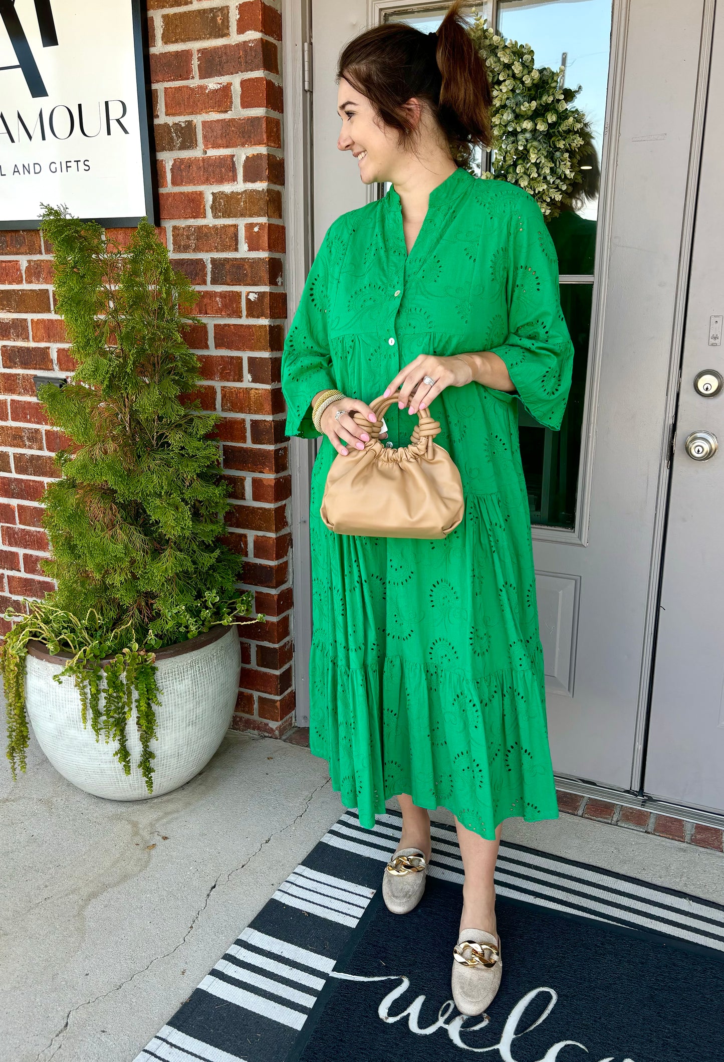 Emerald Eyelet Party Dress