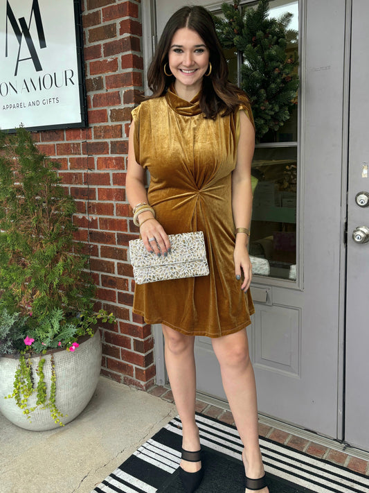 Gale Golden Velvet Midi Dress