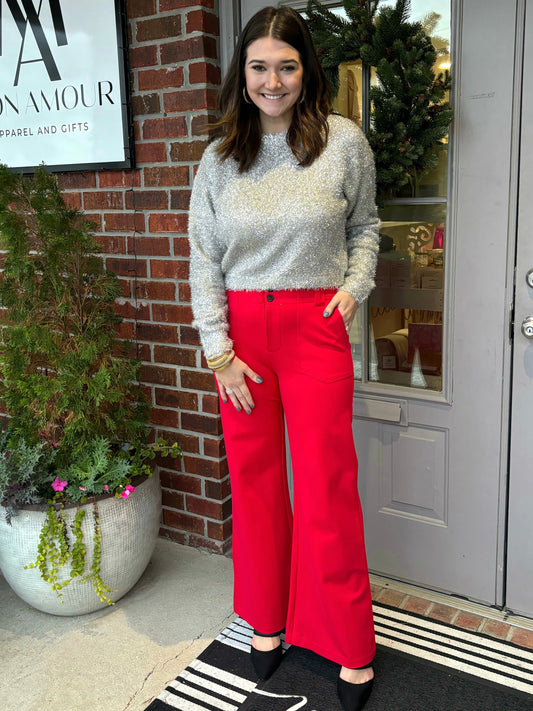 Red Ponte Pocket Flare Pants