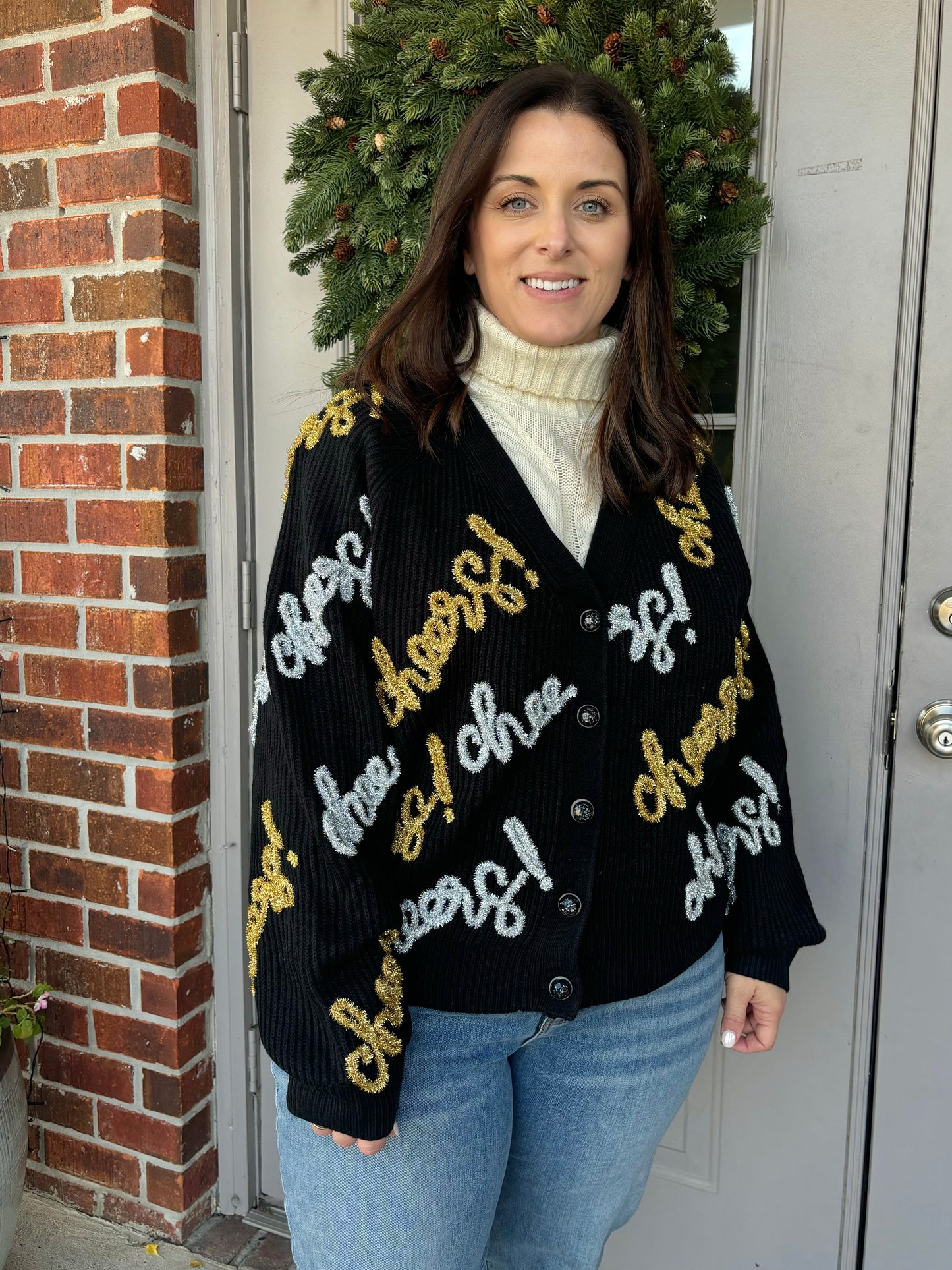 QOS Cheers All Over Glitter Script Cardigan