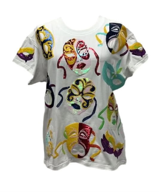 QOS White Multi Mardi Gras Mask Tee