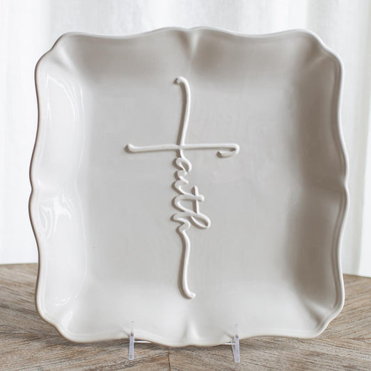 Faith Embossed Square Platter White