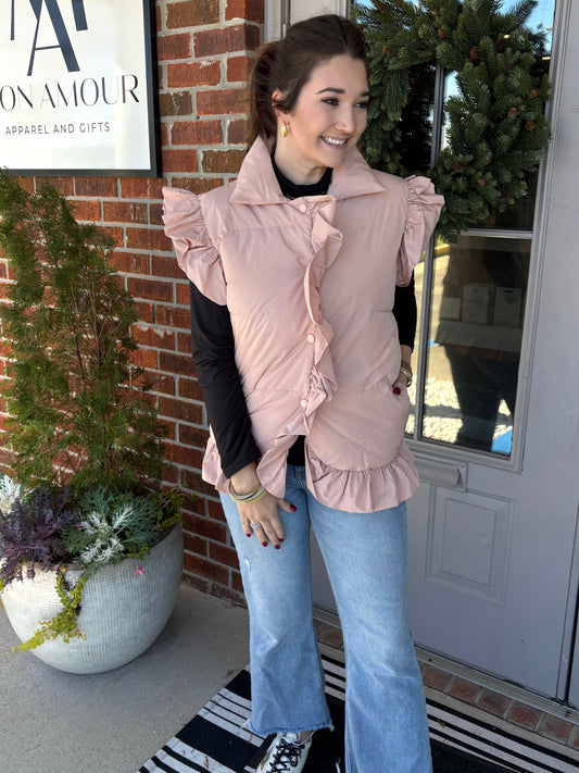 Padded Pink Ruffle Sleeve Vest