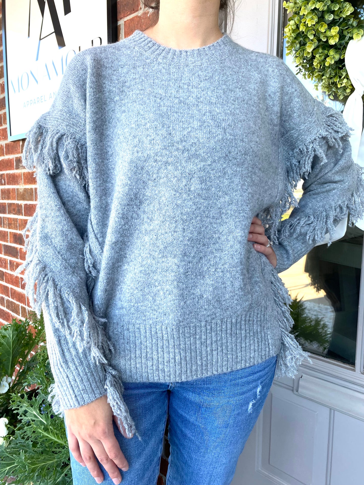 Grey Fringe Cable Knit Sweater