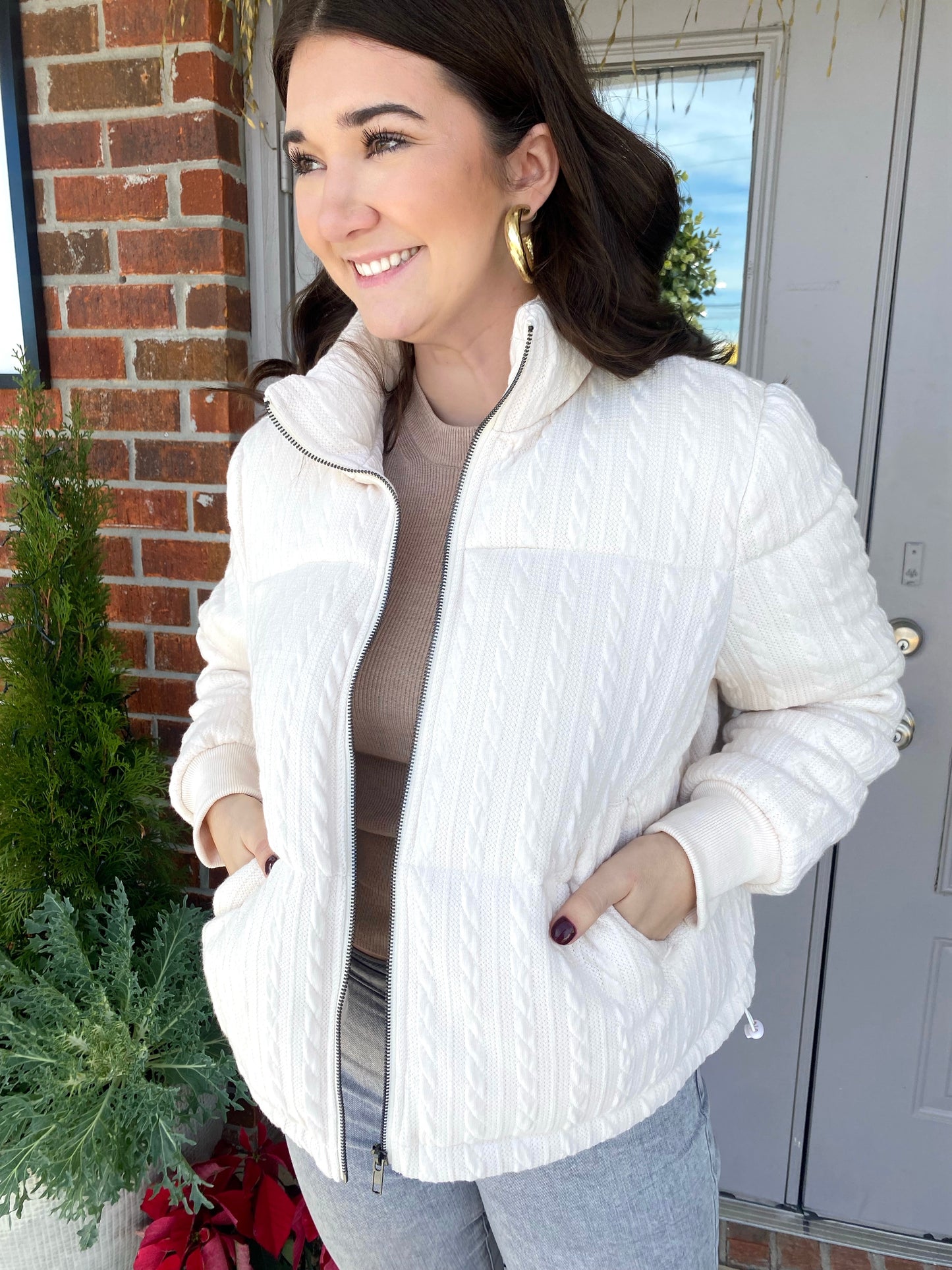 Ivory Cable Knit Puffer Jacket