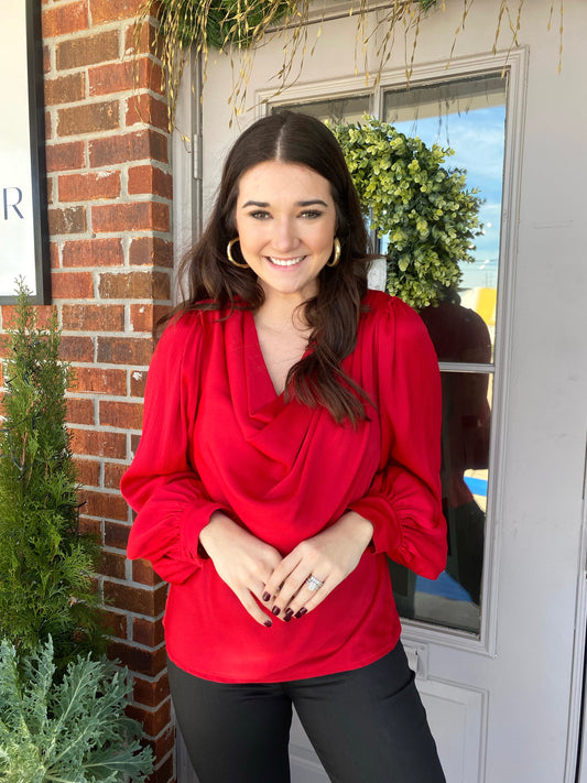 Ruby Red Satin Cowl Neck Top