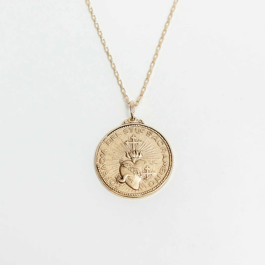 Antique Sacred Heart Coin Necklace- Straight Bar Chain