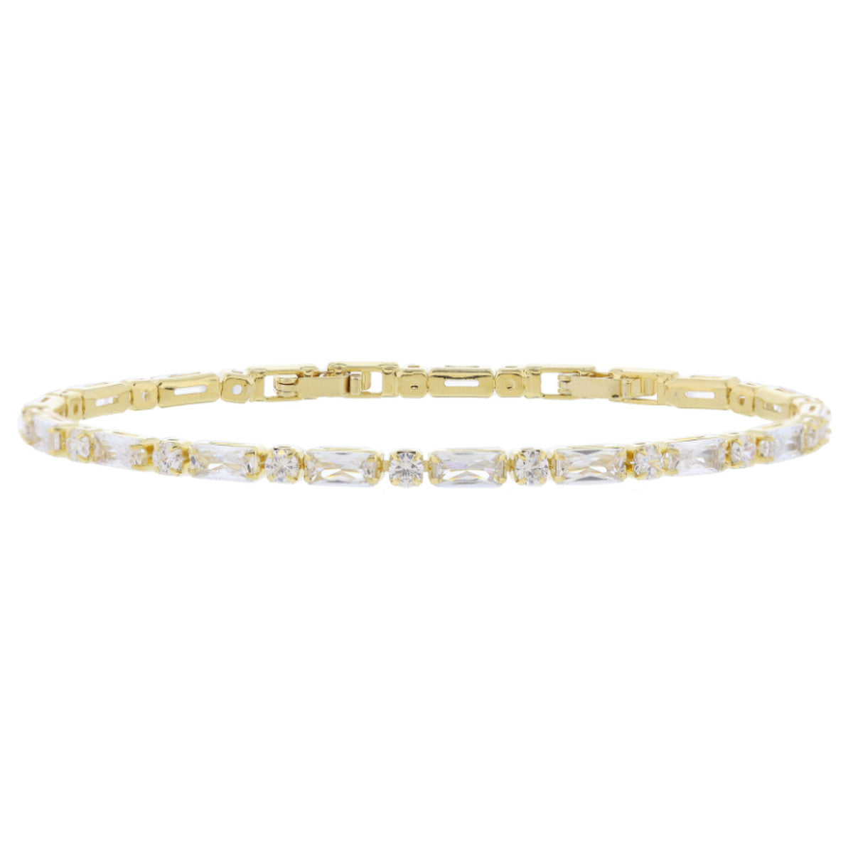 18K GOLD PLATED ALTERNATING BAGUETTE & CUBIC ZIRCONIA CRYSTAL TENNIS BRACELET