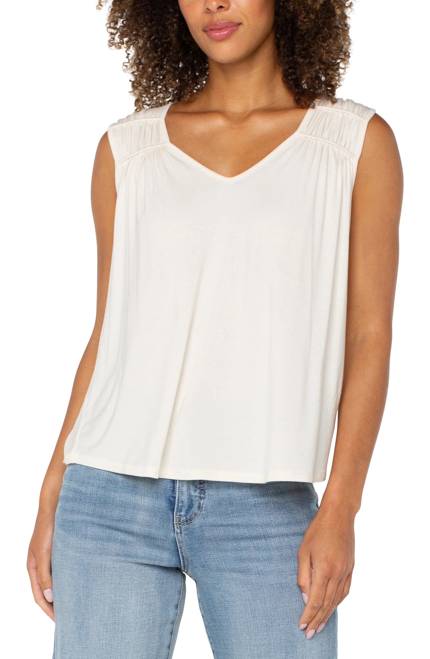 Cream Sleeveless Shirred Detail Knit Top