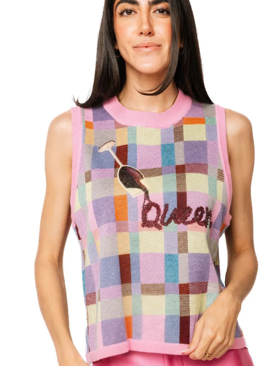 QOS Multi Plaid Red Wine Pouring "Queen" Knit Vest