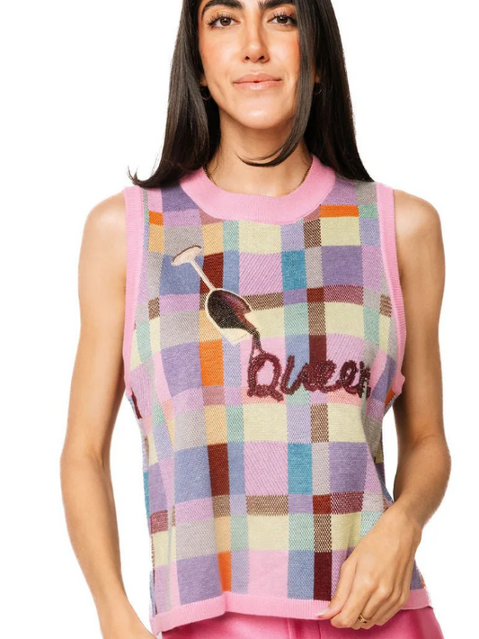 QOS Multi Plaid Red Wine Pouring "Queen" Knit Vest