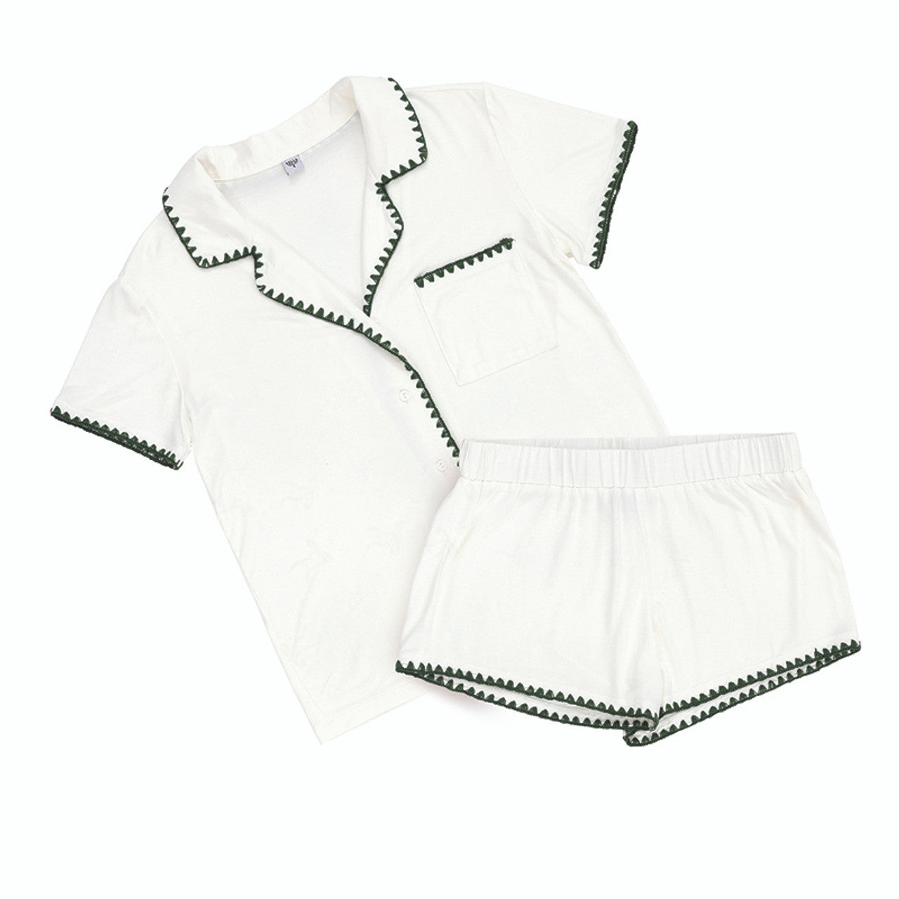 Short Bamboo PJ Set - White + Forest Green Whip Stitch