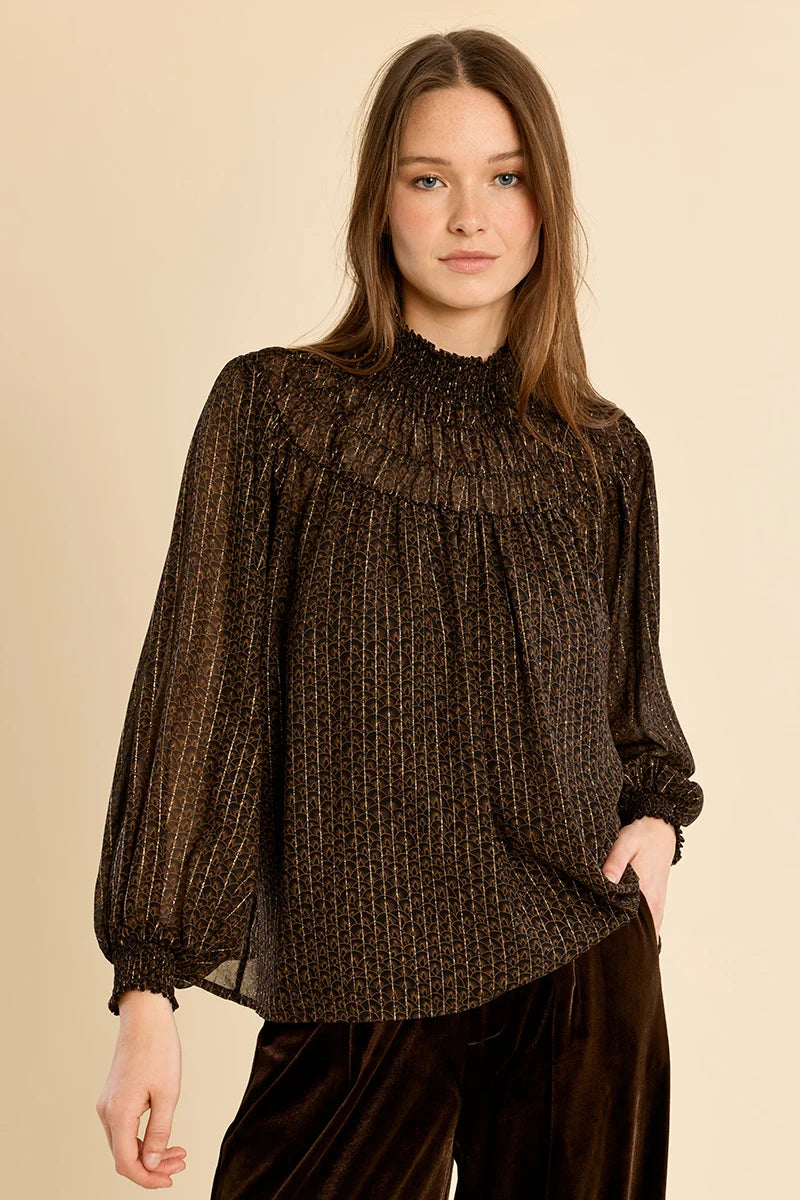 Black Faustine Semi-Sheer Ruched Blouse