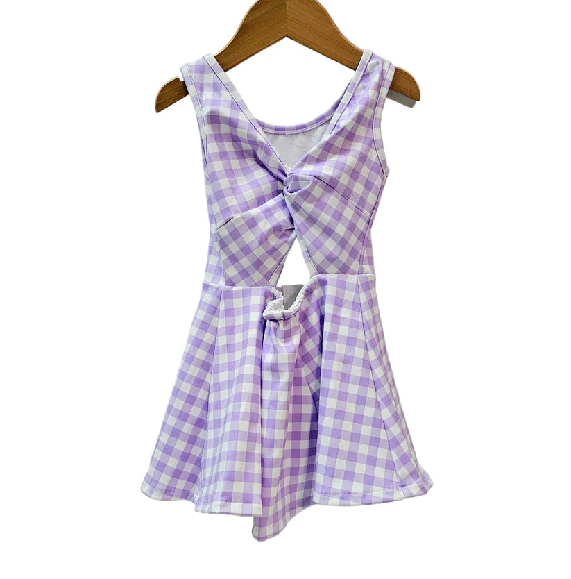 Gingham Activewear Dress in Purple and White