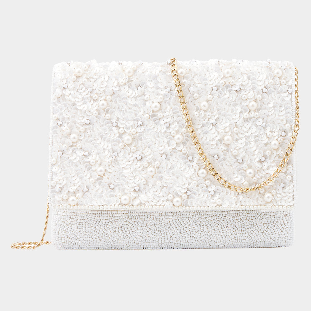 Pearl Embellished Sequin Clutch