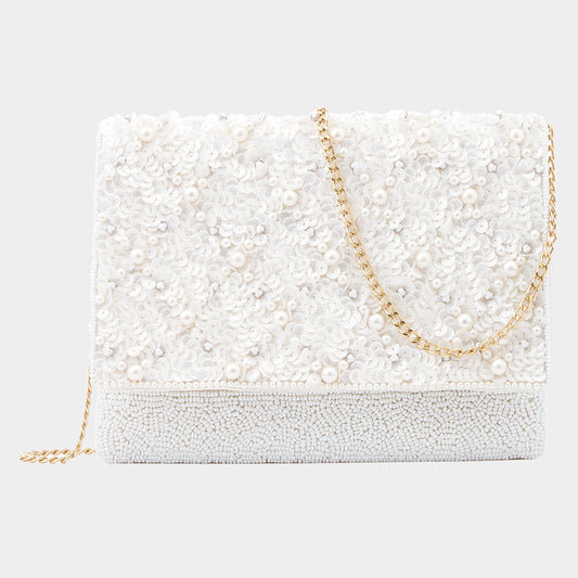 Pearl Embellished Sequin Clutch