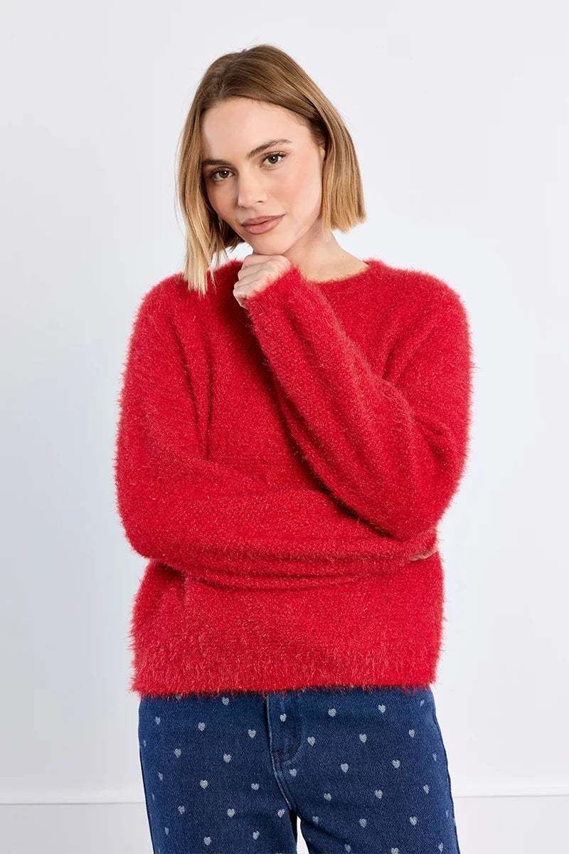 Red Chunky Sequined Knit Sweater