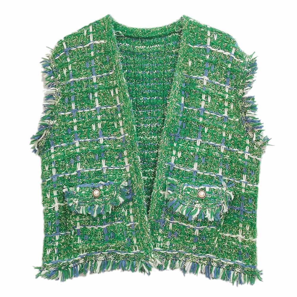 One Size Tweed Green Metallic Plaid Vest